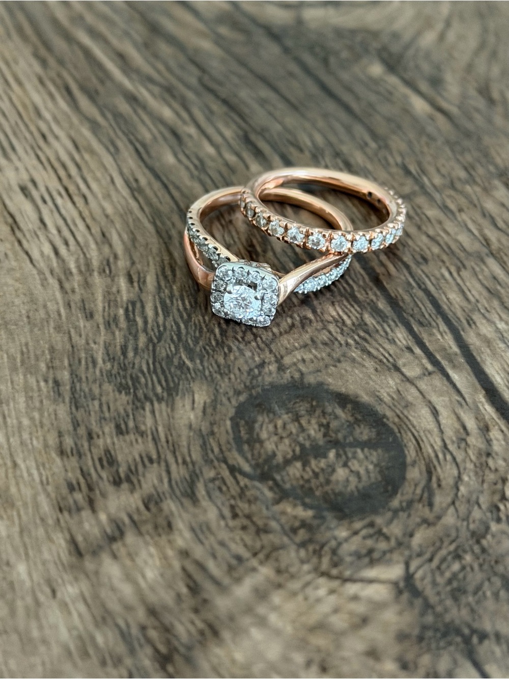 Rose Gold Diamond Halo Engagement Ring and Matching Band